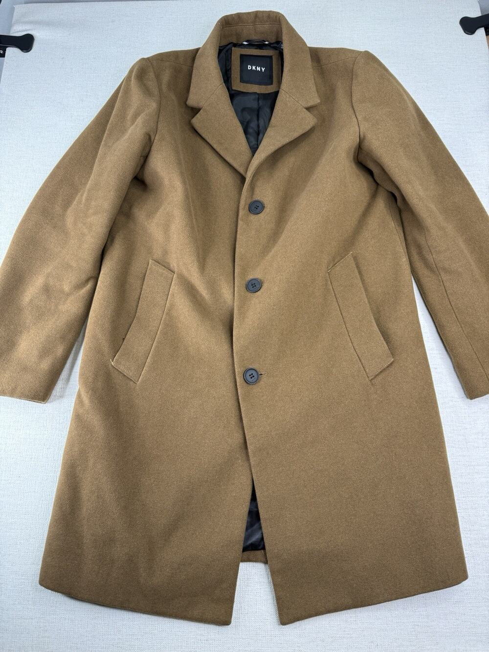 DKNY Men Brown Overcoat Long Sleeve Lapel Button Front Jacket Size S Donna Karan